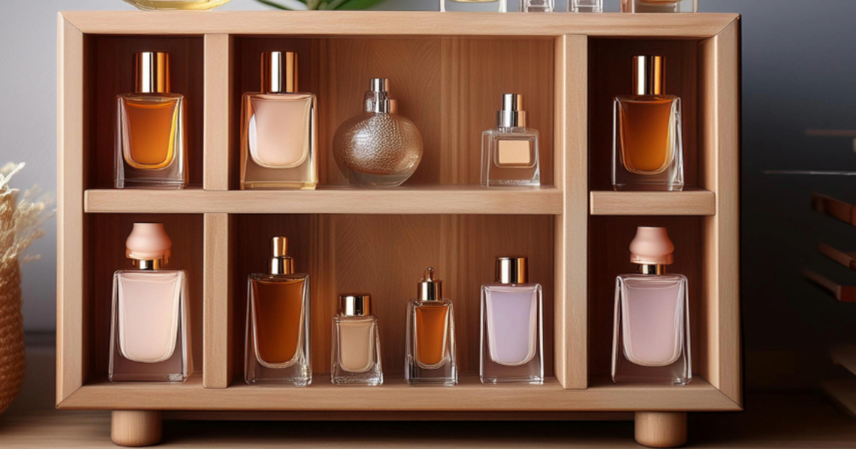 plusieurs bouteilles de parfum stockées sur une étagère en bois